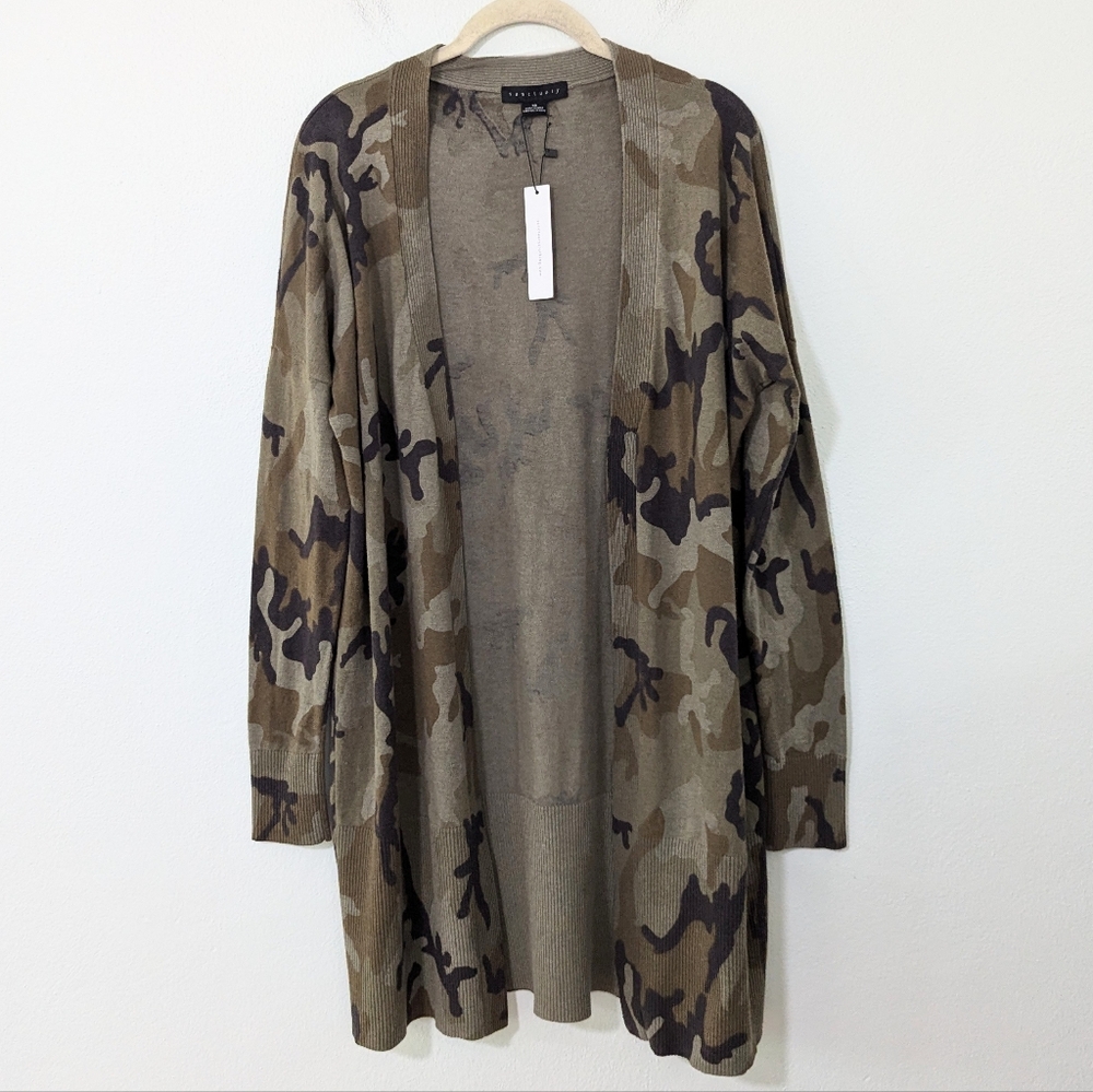 Sanctuary NWT Lenox Camo Longline Open Cardigan Soft Green Ribbed Trim Size XS